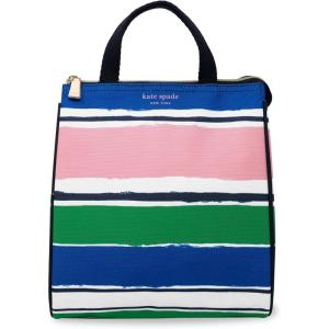 Kate Spade New York Portable Soft Cooler Lunch Bag with Silver Insulated Interior Lining and Storage Pocket, Floral Garden(Ocean Stripe)