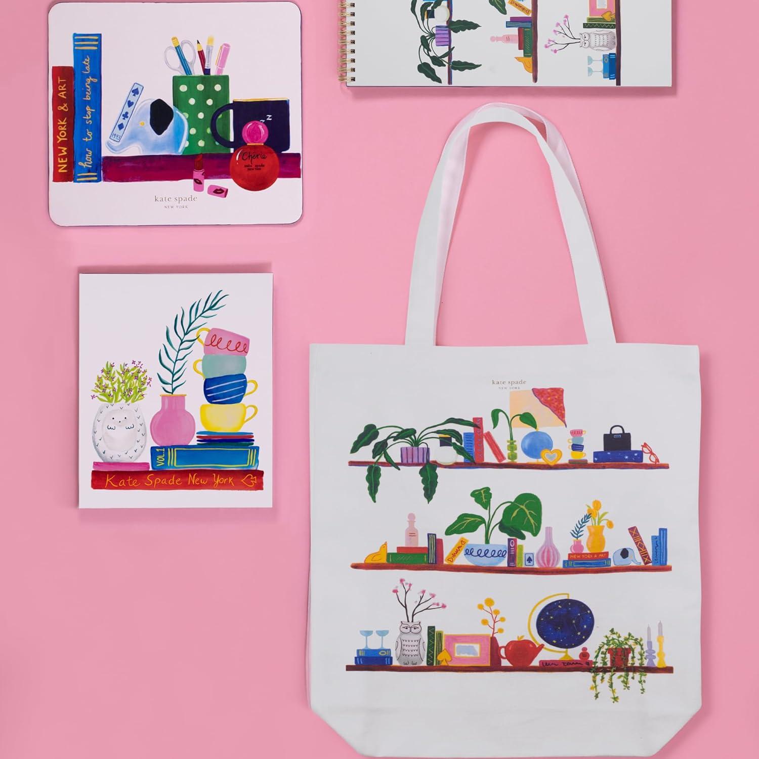 imagekate spade new york Canvas Tote Bag for Women Cute Tote Bag for Work or Teacher Canvas Beach Bag Book Tote with Pocket Charmed Library