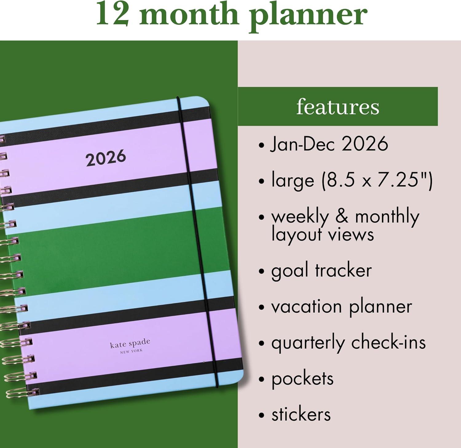imagekate spade new york Daily Planner 2026 Large Agenda JanuaryDecember 2026 Hardcover Weekly and Monthly Spiral Planner with Stickers Downtown Stripe