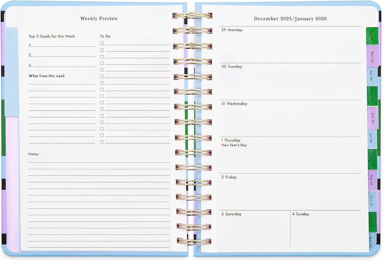 imagekate spade new york Daily Planner 2026 Large Agenda JanuaryDecember 2026 Hardcover Weekly and Monthly Spiral Planner with Stickers Downtown Stripe