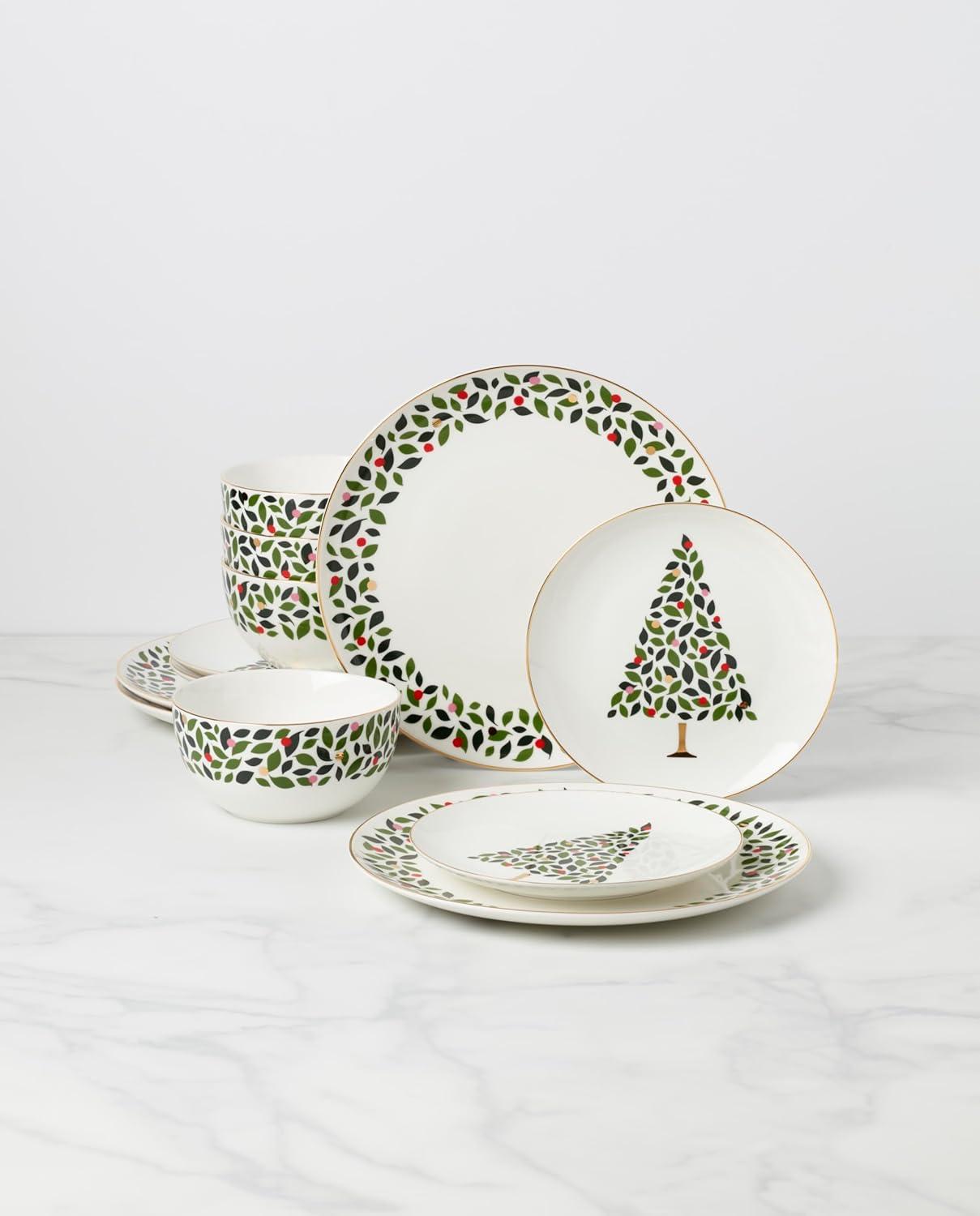 imagekate spade new york Evergreen 12Piece Dinnerware Set 12 Count Ivory Christmas Holiday Hosting