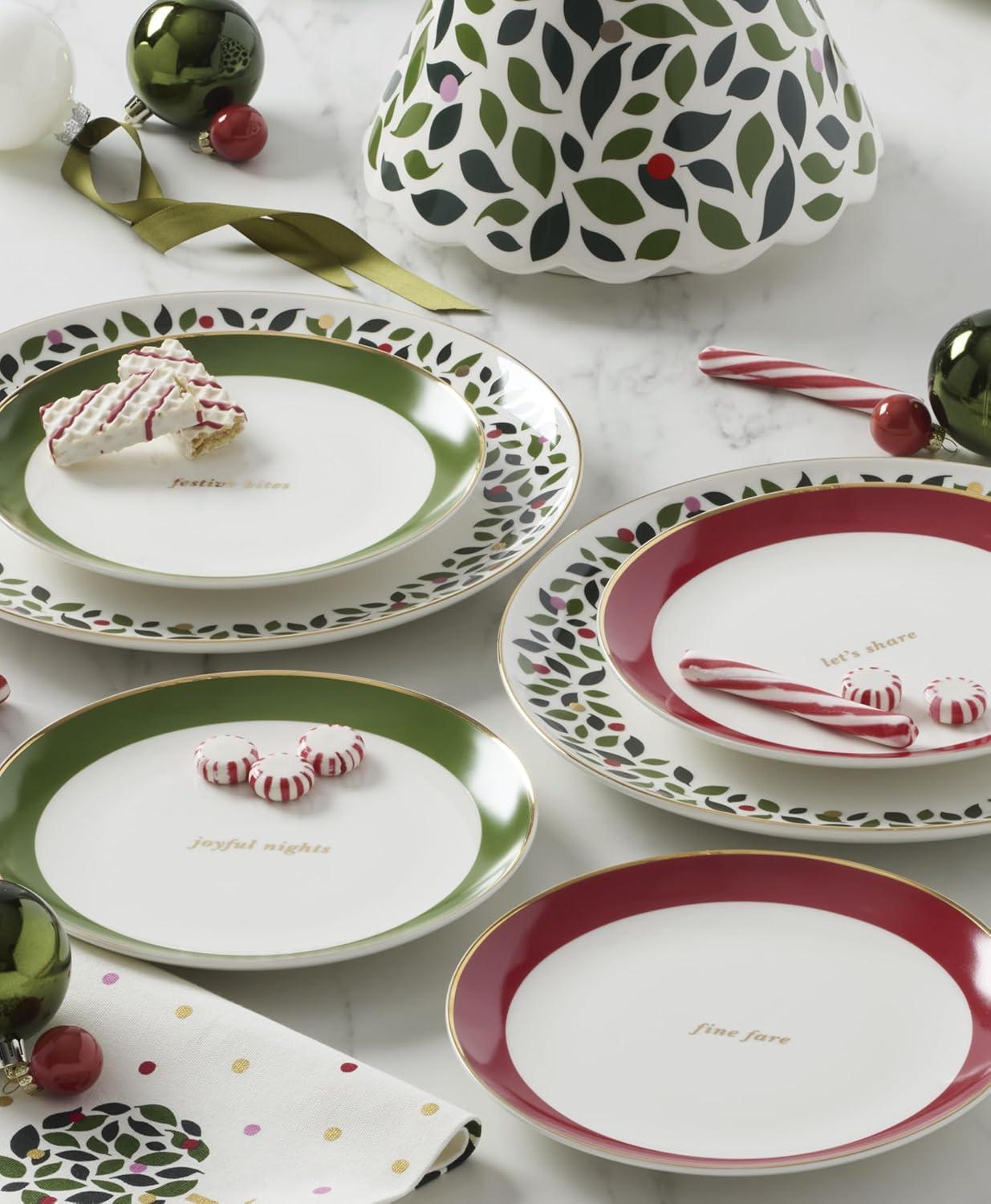 imagekate spade new york Evergreen Rim Accent Plates Service For 4 Christmas Dishes Dinnerware Set Holiday