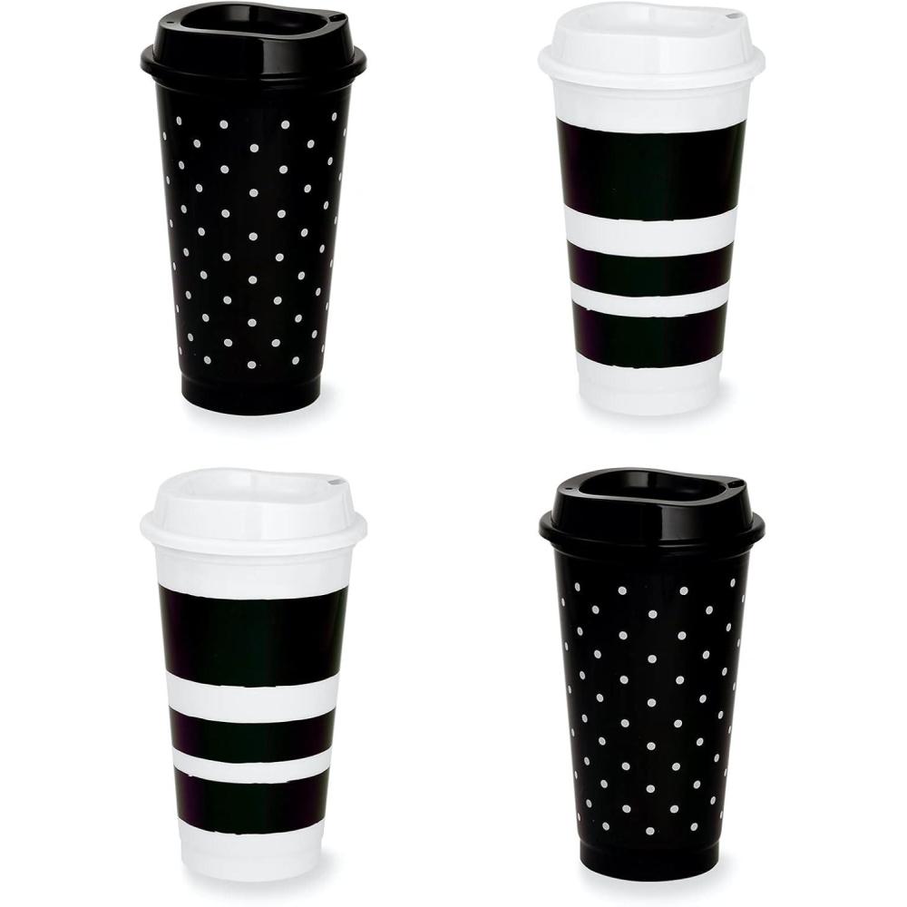 imageKate Spade New York BlackWhite Reusable Travel Tumbler Set of 4 16 Ounce BPAFree Plastic Cups with Lids Coffee Mugs for Hot or Cold Drinks Dots and StripesDots and Stripes