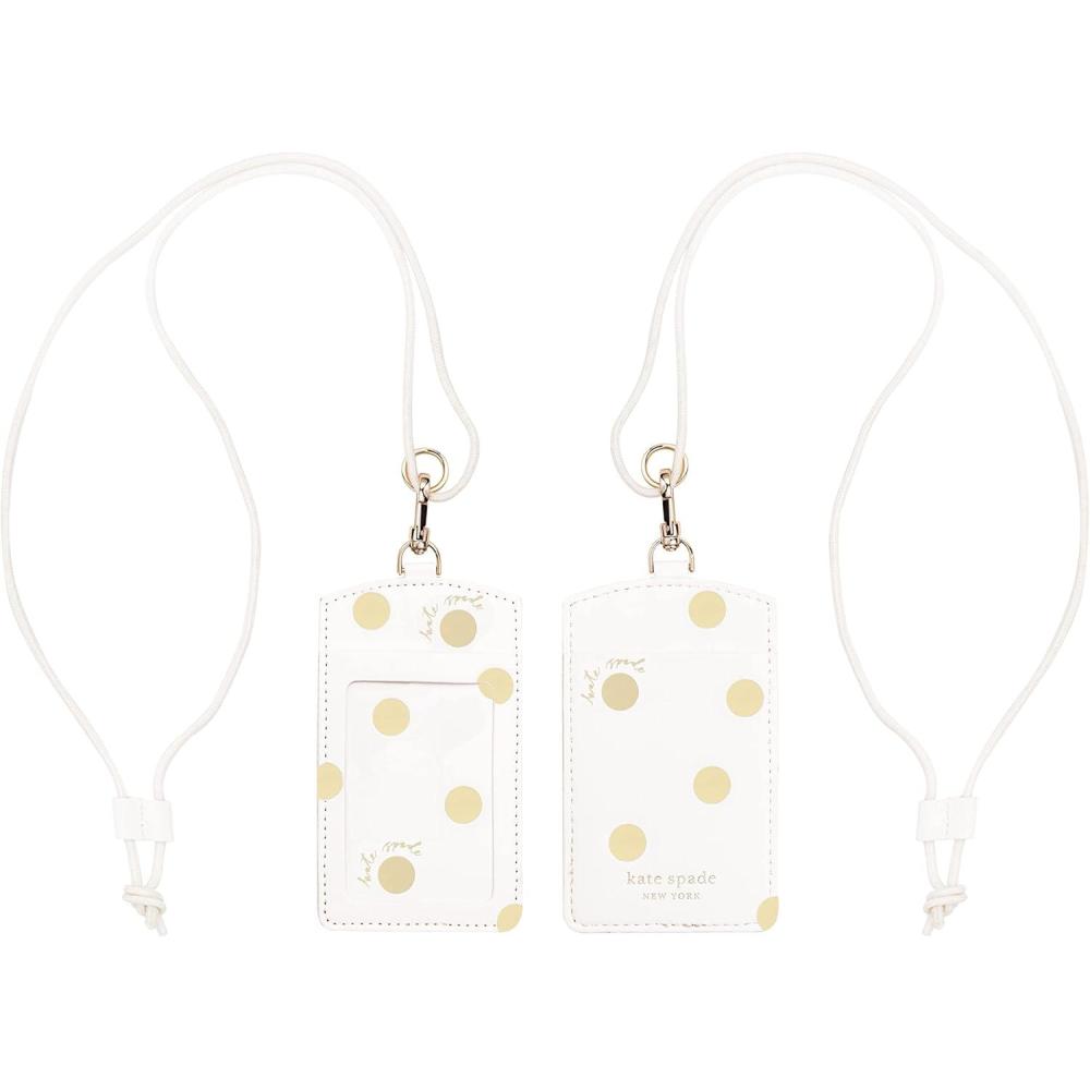 imageKate Spade New York ID Badge Holder with Lanyard Vegan Leather Slim Card Wallet One Name Tag Case for Work School or Travel Grand Plaid DuoGold Dot With Script
