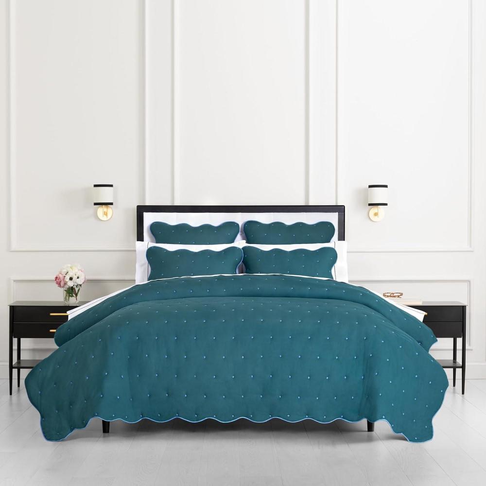 imageKate Spade New York Scalloped Edge 3Piece FullQueen Quilt Bedding Set 100 Cotton Reversible Cover All Season Warmth Bedding Machine Washable MarshmallowBlue Spruce