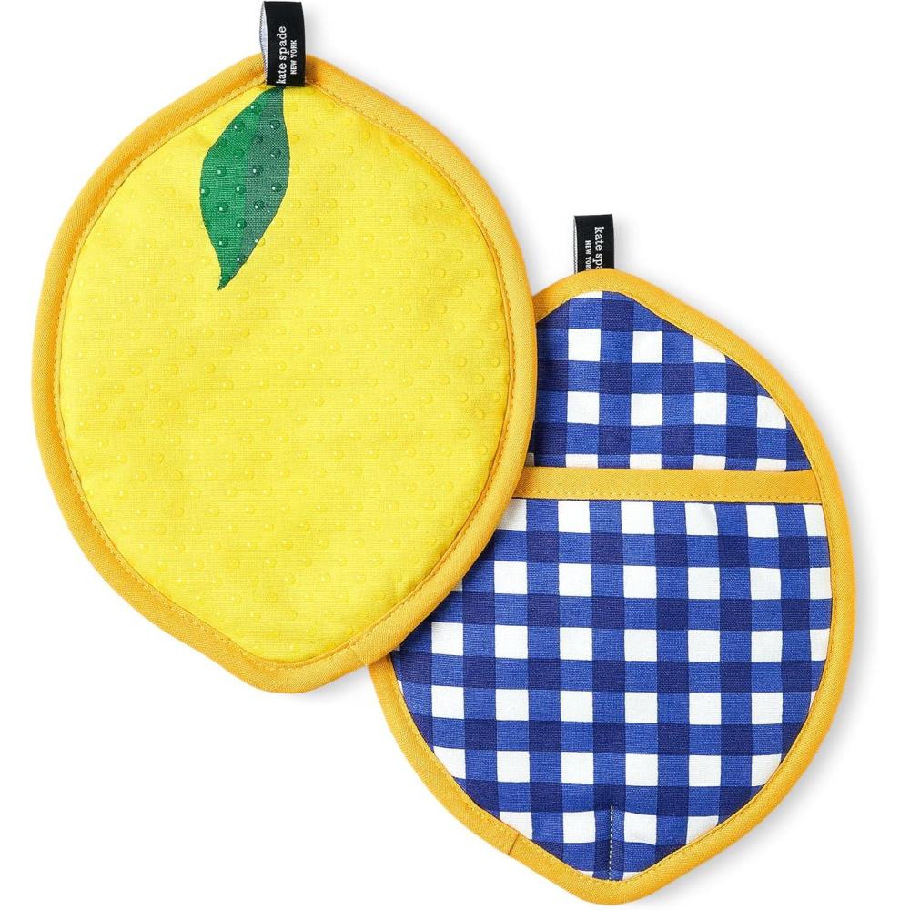 imageKate Spade New York Squeeze The Day and Spring Gingham Pot Holder 2Pack Set Heat Resistant 100 Cotton Orange 8quotNavy BlueYellow
