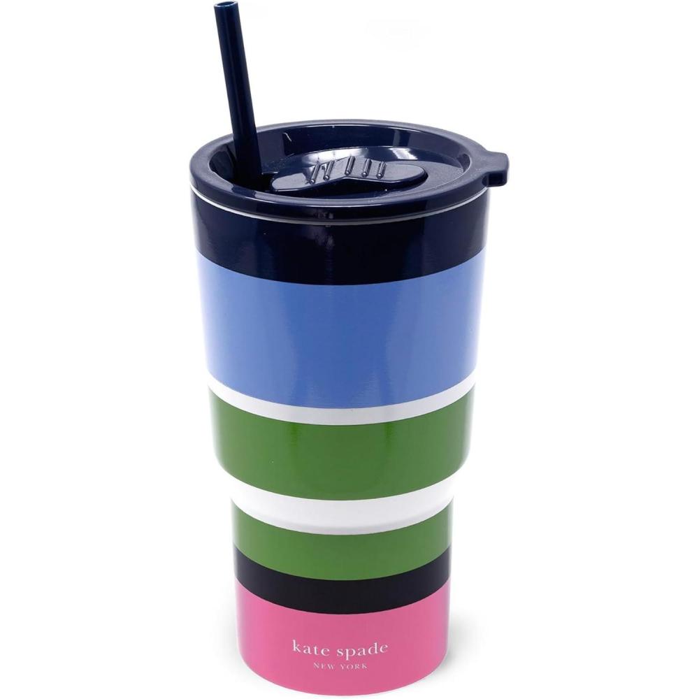 imagekate spade new york 20 Ounce Insulated Tumbler for Cold and Hot Drinks with Reusable Straw Stainless Steel Travel Cup with Slide Top Lid Sunny Day StripeSunny Day Stripe