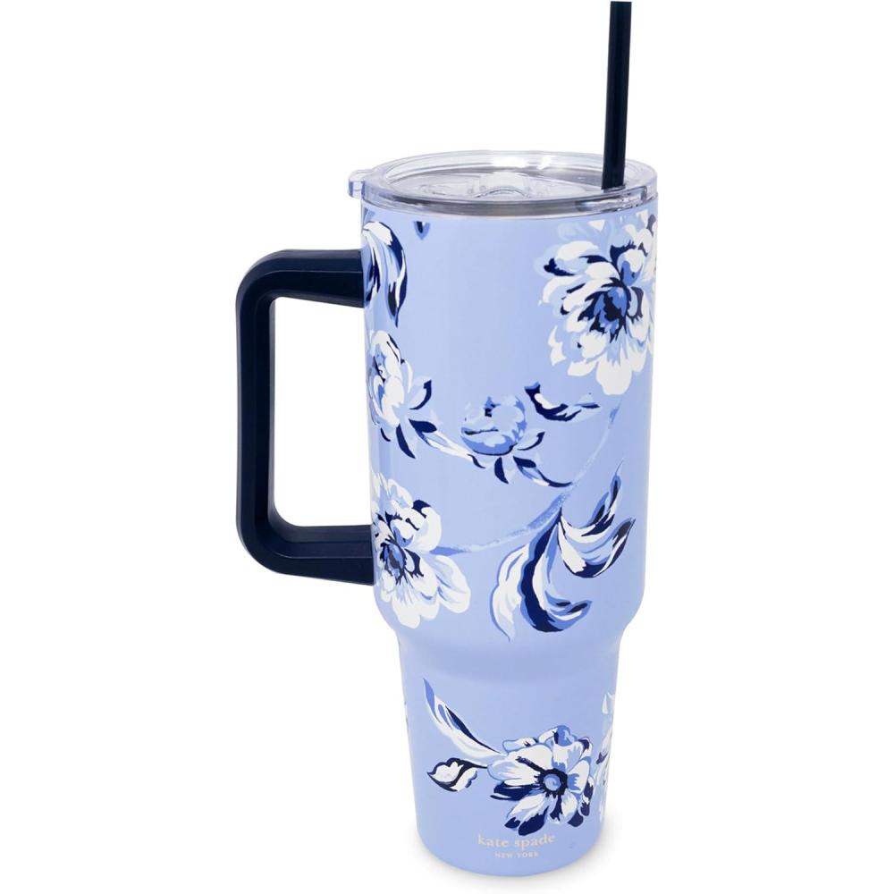 imagekate spade new york 40 Ounce Tumbler with Handle and Straw Cupholder Friendly Double Wall Stainless Steel Insulated Cup Painterly BouquetFloral Toile