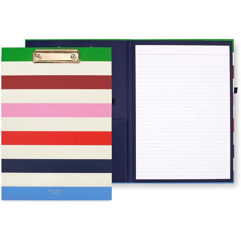 imagekate spade new york A4 Clipboard Folio with Low Profile Clip Professional Padfolio Includes Lined Notepad Pen Loop and Pocket Charmed LibraryAdventure Stripe