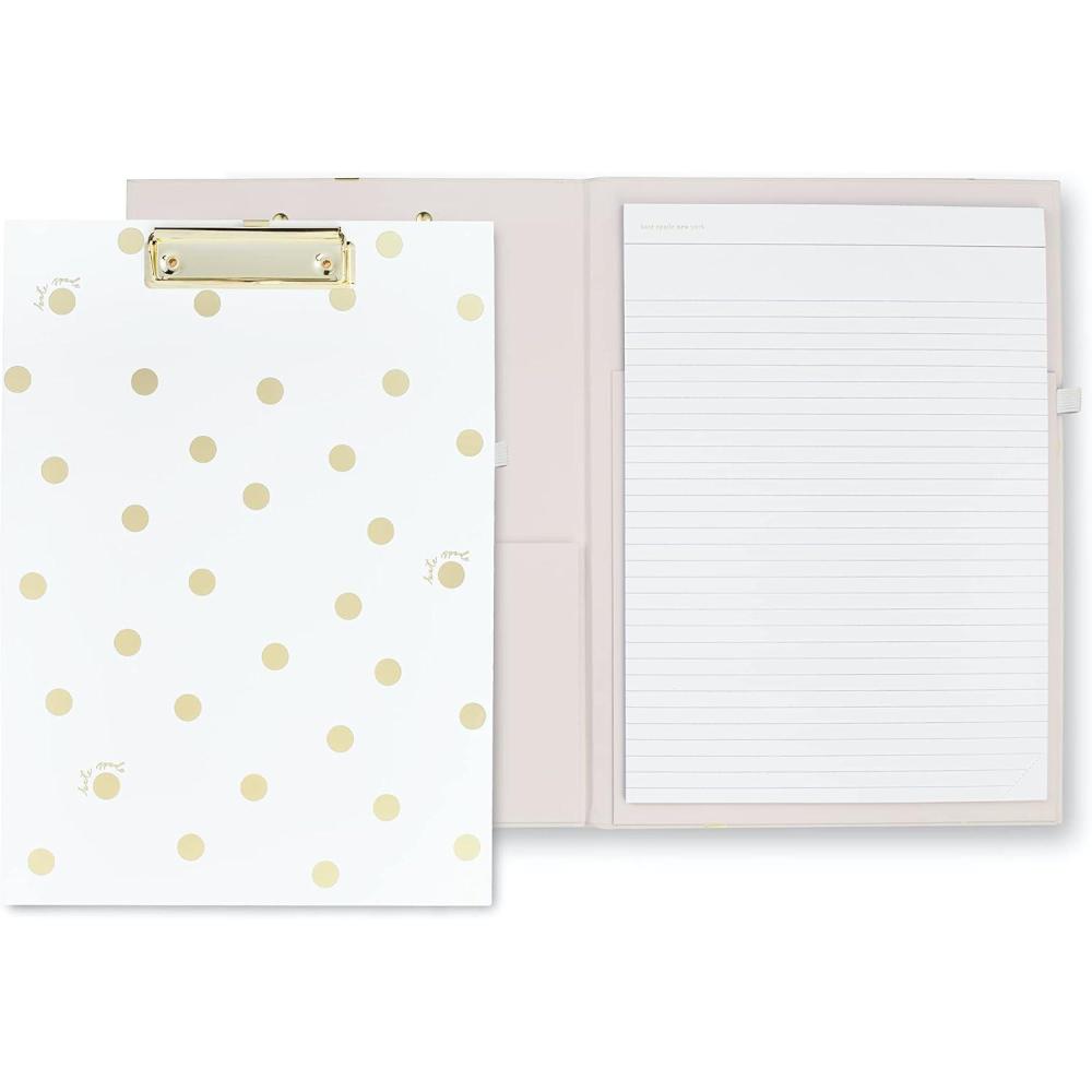imagekate spade new york A4 Clipboard Folio with Low Profile Clip Professional Padfolio Includes Lined Notepad Pen Loop and Pocket Charmed LibraryGold Dot With Script
