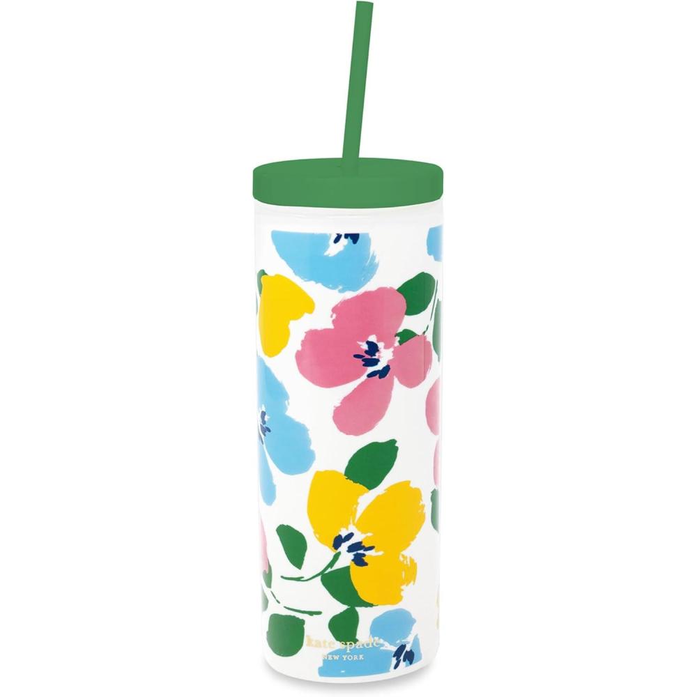 imagekate spade new york Acrylic Tumbler with Lid and Straw 24 oz Tumbler Slim Double Wall Tumbler Ladybug DotPainterly Bouquet