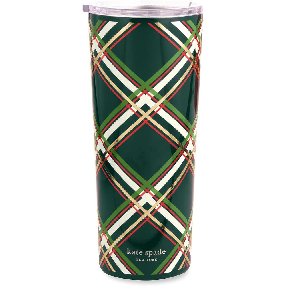 imagekate spade new york Cute Stainless Steel Mug 24 Ounce Travel Tumbler Double Wall Insulated Cup with Lid Picture Dot BlackWhiteSpruce Plaid