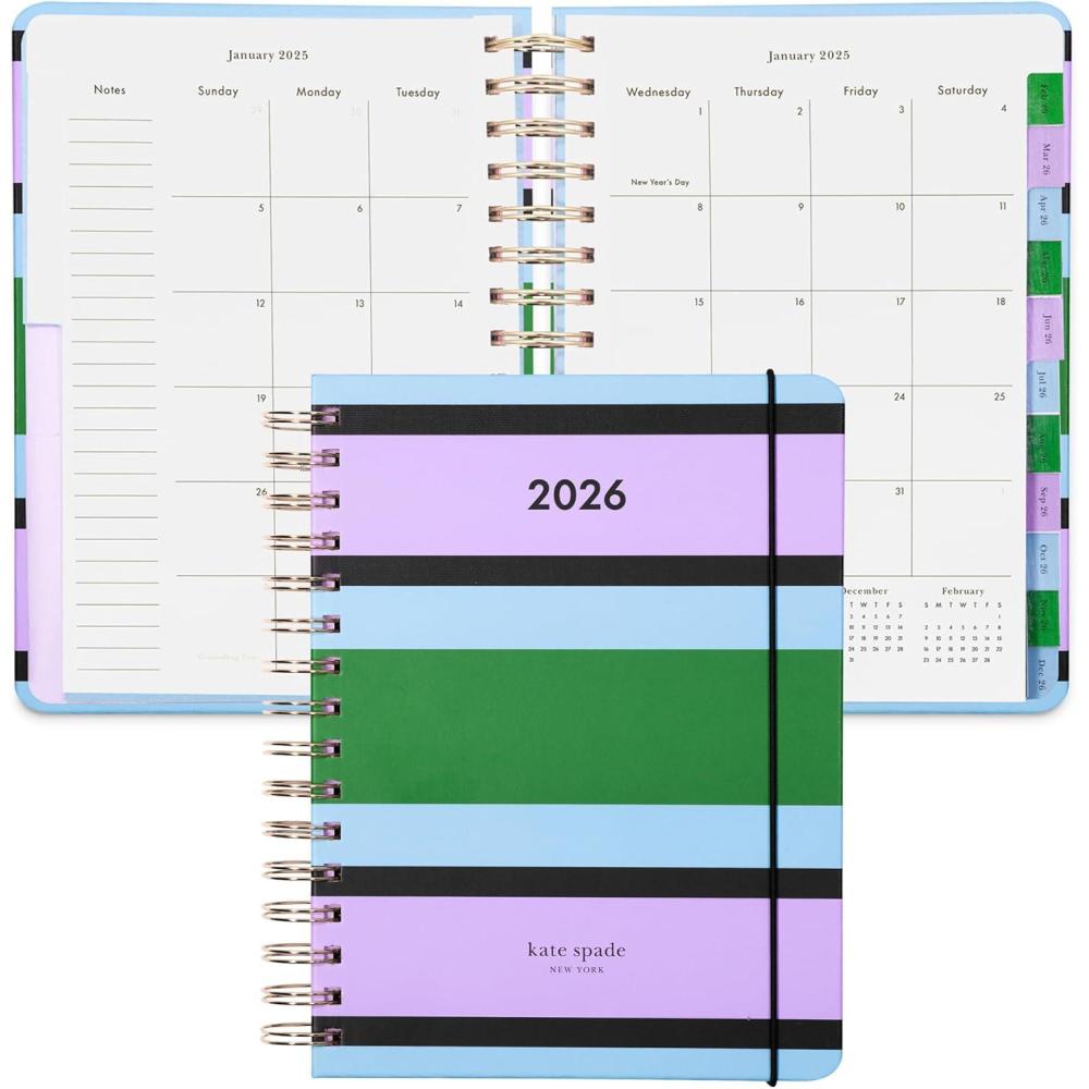 imagekate spade new york Daily Planner 2026 Large Agenda JanuaryDecember 2026 Hardcover Weekly and Monthly Spiral Planner with Stickers Downtown Stripe
