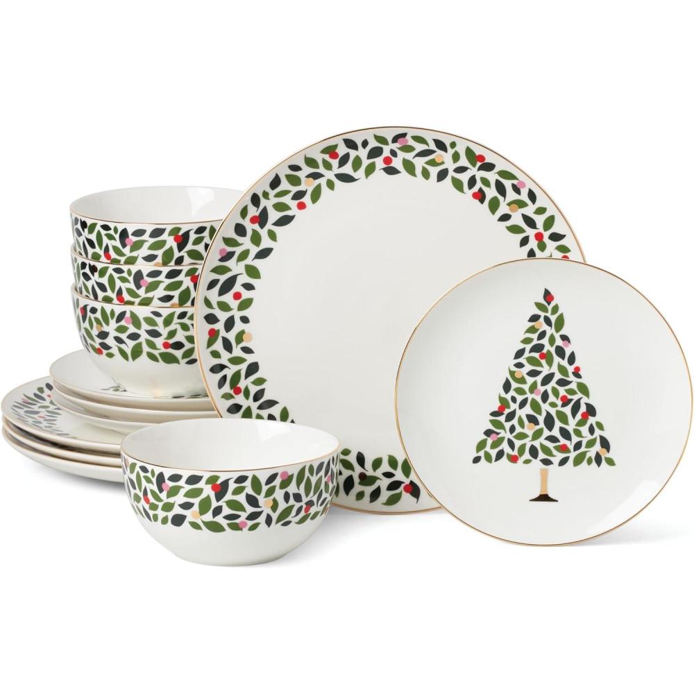 imagekate spade new york Evergreen 12Piece Dinnerware Set 12 Count Ivory Christmas Holiday Hosting