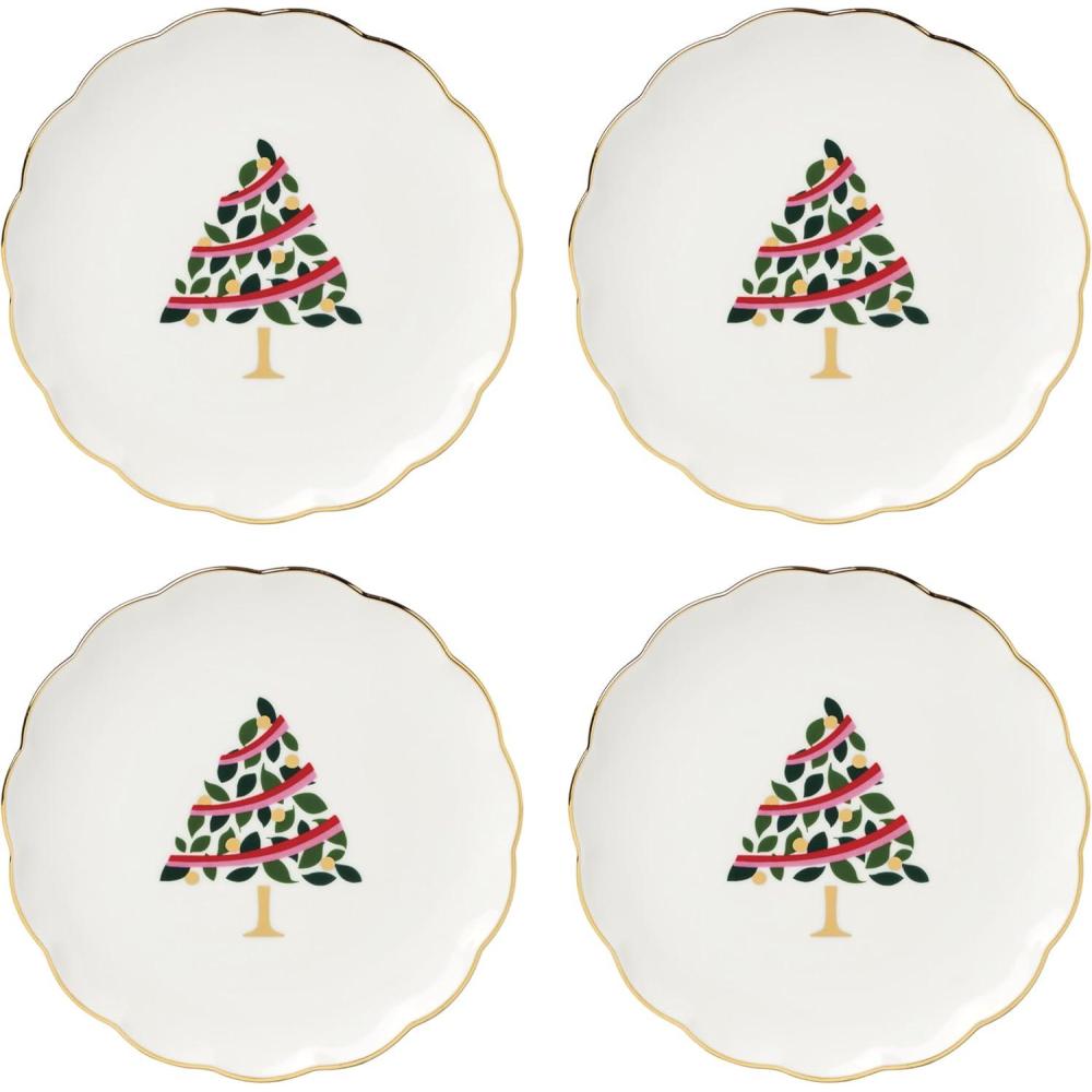 imagekate spade new york Evergreen Scallop Tidbit Plates Service For 4 Christmas Dishes Dinnerware Set Holiday