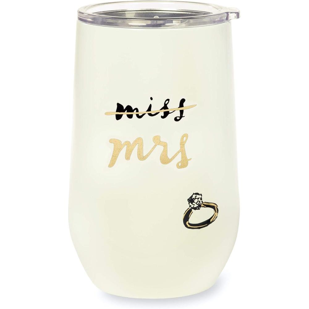 imagekate spade new york Insulated Bridal Stainless Steel Wine Tumbler 16 Ounce Double Wall Tumbler for Bride to Be Stemless Travel Cup with Lid Miss to Mrs White