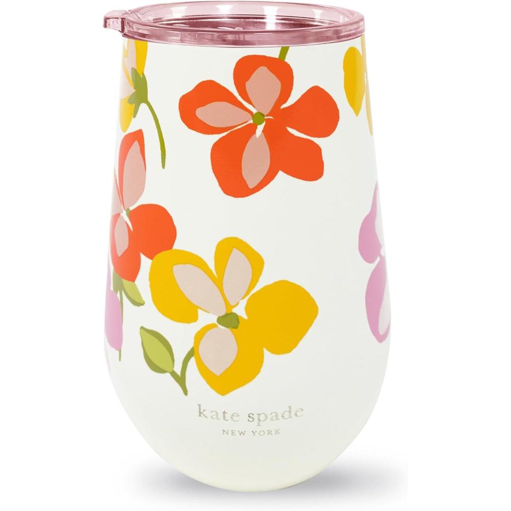 imagekate spade new york Insulated Stainless Steel Wine Tumbler 16 Ounce Double Wall Tumbler Pink Stemless Travel Cup with Lid Safari FloralSpring Pansies