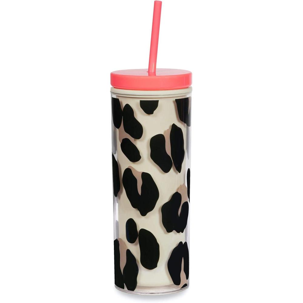 imagekate spade new york Insulated Tumbler with Reusable Straw Leopard Print 24 Ounce Acrylic Travel Cup with Lid Forest FelineMulticolor