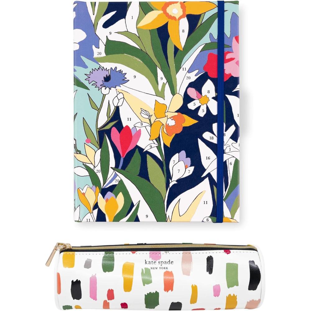 imagekate spade new york Lined Writing Journal with Pen Case Vegan Leather Journal with 168 Pages Zipper Pouch for Office Supplies Paint by Numbers