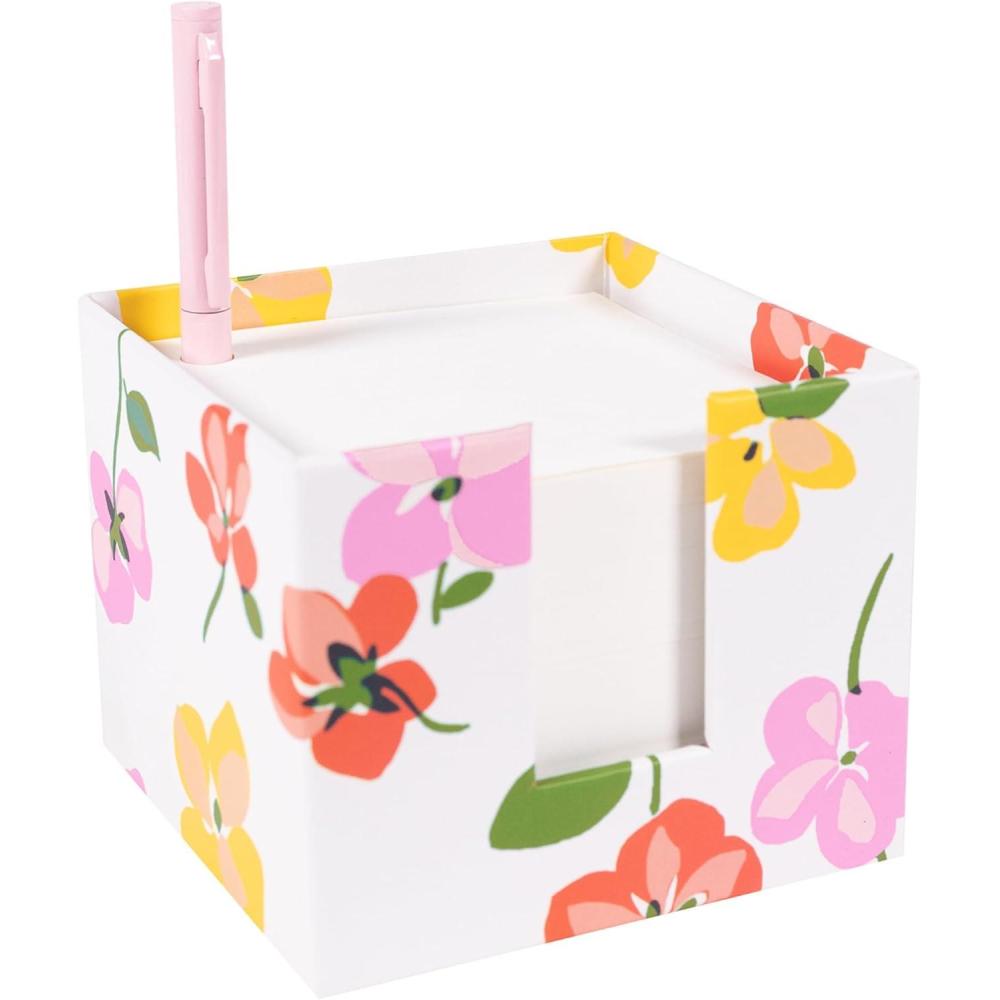 imagekate spade new york Note Cube with 400 Blank Sheets and Black Ink Pen Cute Paper Holder for Desk Spring Pansies