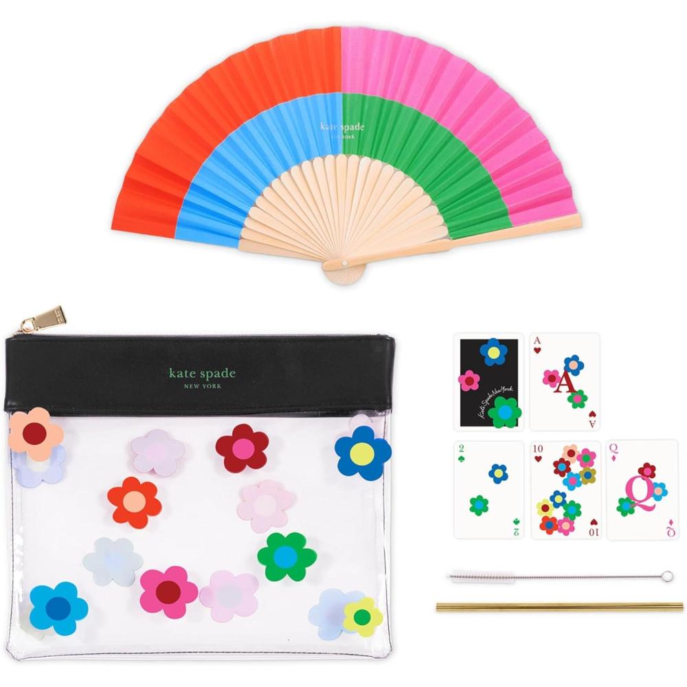 imagekate spade new york Outdoor Fun Pouch with Clear Pouch Waterproof Playing Cards Paper Fan Stainless Steel Straw and Cleaner Gingham Garden