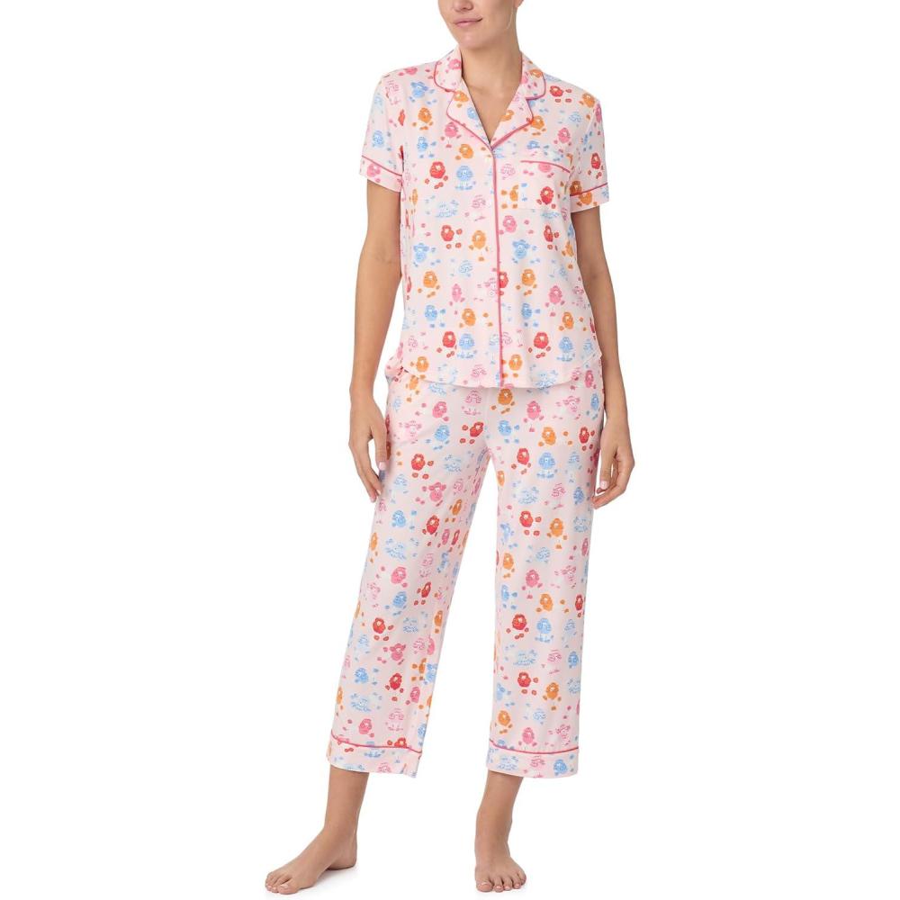 imagekate spade new york Pajamas for Women 2 Piece Set Recycled Poly Jersey Notch Collar Short Sleeve Button Top ampamp Cropped PantsColorful Poodles