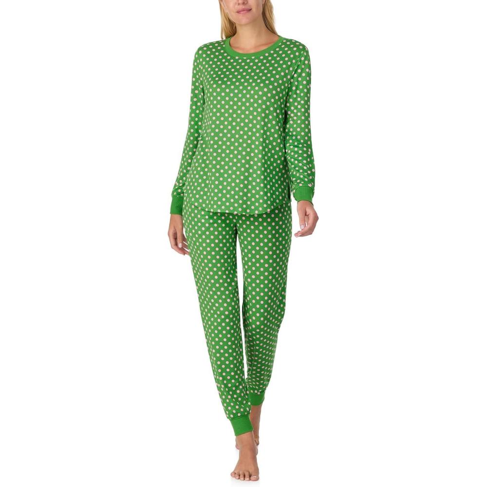imagekate spade new york Womens 2Piece Long Sleeve Crew Neck Top ampamp Jogger Pants Pajama Lounge Set Velour Drawstring WaistGreen Lady Dot