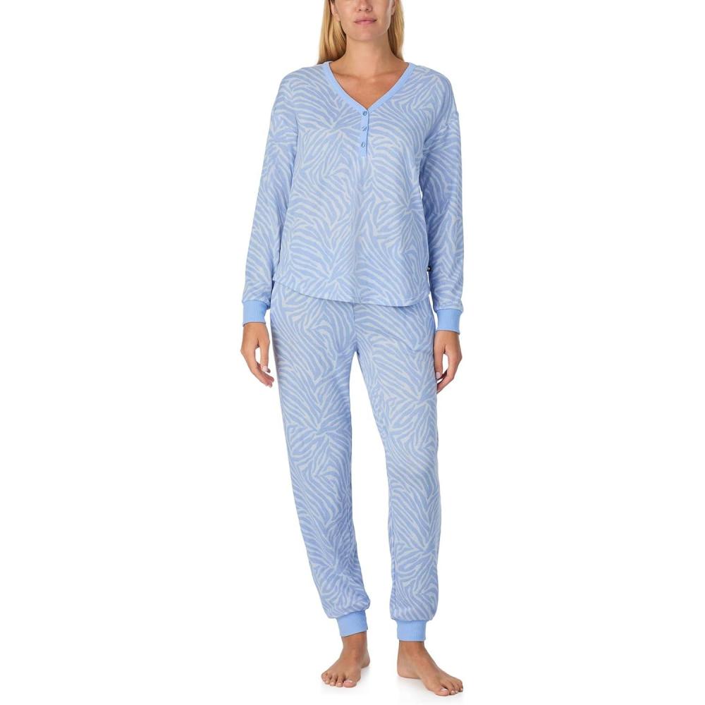 imagekate spade new york Womens 2Piece Long Sleeve Henley Top ampamp Jogger Pant Pajama Set Brushed Cozy Soft Jersey Ribbed CuffsClassic Zebra