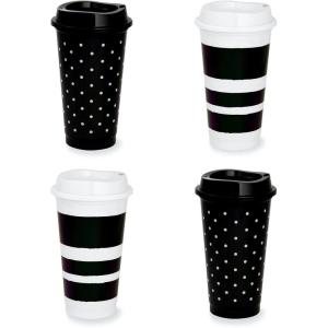 Kate Spade New York Black/White Reusable Travel Tumbler Set of 4, 16 Ounce BPA-Free Plastic Cups with Lids, Coffee Mugs for Hot or Cold Drinks, Dots and Stripes(Dots and Stripes)