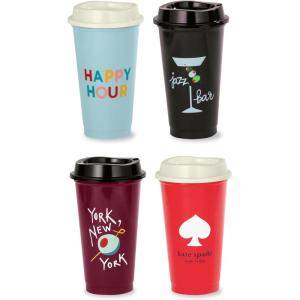 Kate Spade New York Black/White Reusable Travel Tumbler Set of 4, 16 Ounce BPA-Free Plastic Cups with Lids, Coffee Mugs for Hot or Cold Drinks, Dots and Stripes(Happy Hour)