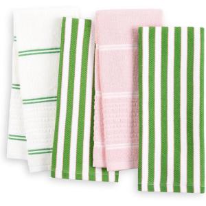 Kate Spade New York Botanical Stripe Kitchen Towels 4-Pack Set, Absorbent 100% Cotton, Black/Beige, 17″x28″(Green/Pink)