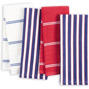 Kate Spade New York Botanical Stripe Kitchen Towels 4-Pack Set, Absorbent 100% Cotton, Black/Beige, 17″x28″(Navy Blue/Red)