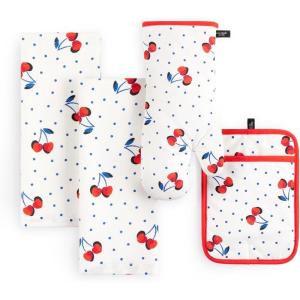 Kate Spade New York Cherry Dot Kitchen Towel, Oven Mitt & Pot Holder 4-Pack Set, 17″ x 28″, 7″ x 13″, 7″ x 10″, White/Red/Blue