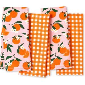 Kate Spade New York Hot Peppers & Spring Times Dot Kitchen Towels 4-Pack Set, Absorbent 100% Cotton, Red/Pink, 17″x28(Orange/Pink)
