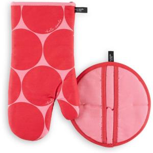 Kate Spade New York Joy Dot Oven Mitt & Pot Grabber 2-Pack Set, 7″ x 13″, 8″ Round, Red/Rose Pink(Red/Rose Pink)