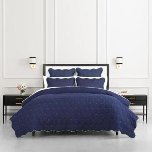 Kate Spade New York Scalloped Edge 3-Piece Full/Queen Quilt Bedding Set, 100% Cotton Reversible Cover, All Season Warmth Bedding, Machine Washable, Marshmallow(Navy)