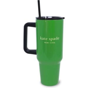 kate spade new york 40 Ounce Tumbler with Handle and Straw, Cupholder Friendly, Double Wall Stainless Steel Insulated Cup (Painterly Bouquet)(Green)
