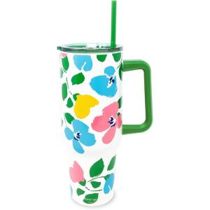 kate spade new york 40 Ounce Tumbler with Handle and Straw, Cupholder Friendly, Double Wall Stainless Steel Insulated Cup (Painterly Bouquet)(Painterly Bouquet)