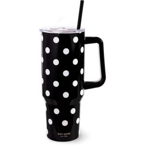 kate spade new york 40 Ounce Tumbler with Handle and Straw, Cupholder Friendly, Double Wall Stainless Steel Insulated Cup (Painterly Bouquet)(Picture Dot)