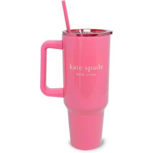 kate spade new york 40 Ounce Tumbler with Handle and Straw, Cupholder Friendly, Double Wall Stainless Steel Insulated Cup (Painterly Bouquet)(Pink)