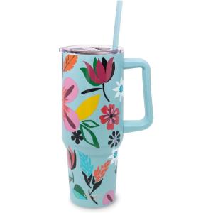 kate spade new york 40 Ounce Tumbler with Handle and Straw, Cupholder Friendly, Double Wall Stainless Steel Insulated Cup (Painterly Bouquet)(Safari Floral)