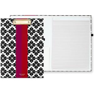 kate spade new york A4 Clipboard Folio with Low Profile Clip, Professional Padfolio Includes Lined Notepad, Pen Loop, and Pocket, Charmed Library(Black Spade Flower)