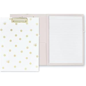 kate spade new york A4 Clipboard Folio with Low Profile Clip, Professional Padfolio Includes Lined Notepad, Pen Loop, and Pocket, Charmed Library(Gold Dot With Script)