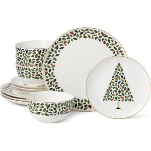 kate spade new york Evergreen 12-Piece Dinnerware Set, 12 Count, Ivory, Christmas, Holiday Hosting
