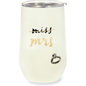 kate spade new york Insulated Bridal Stainless Steel Wine Tumbler, 16 Ounce Double Wall Tumbler for Bride to Be, Stemless Travel Cup with Lid, Miss to Mrs. (White)