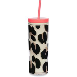 kate spade new york Insulated Tumbler with Reusable Straw, Leopard Print 24 Ounce Acrylic Travel Cup with Lid, Forest Feline(Multicolor)
