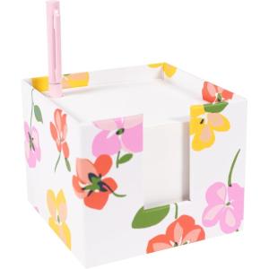 kate spade new york Note Cube with 400 Blank Sheets and Black Ink Pen, Cute Paper Holder for Desk, Spring Pansies
