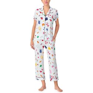kate spade new york Pajamas for Women 2 Piece Set – Recycled Poly Jersey Notch Collar Short Sleeve Button Top & Cropped Pants(Beach Trip)