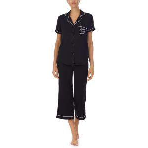 kate spade new york Pajamas for Women 2 Piece Set – Recycled Poly Jersey Notch Collar Short Sleeve Button Top & Cropped Pants(Black)