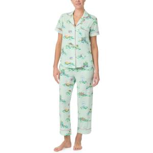 kate spade new york Pajamas for Women 2 Piece Set – Recycled Poly Jersey Notch Collar Short Sleeve Button Top & Cropped Pants(Blossoming Garden)